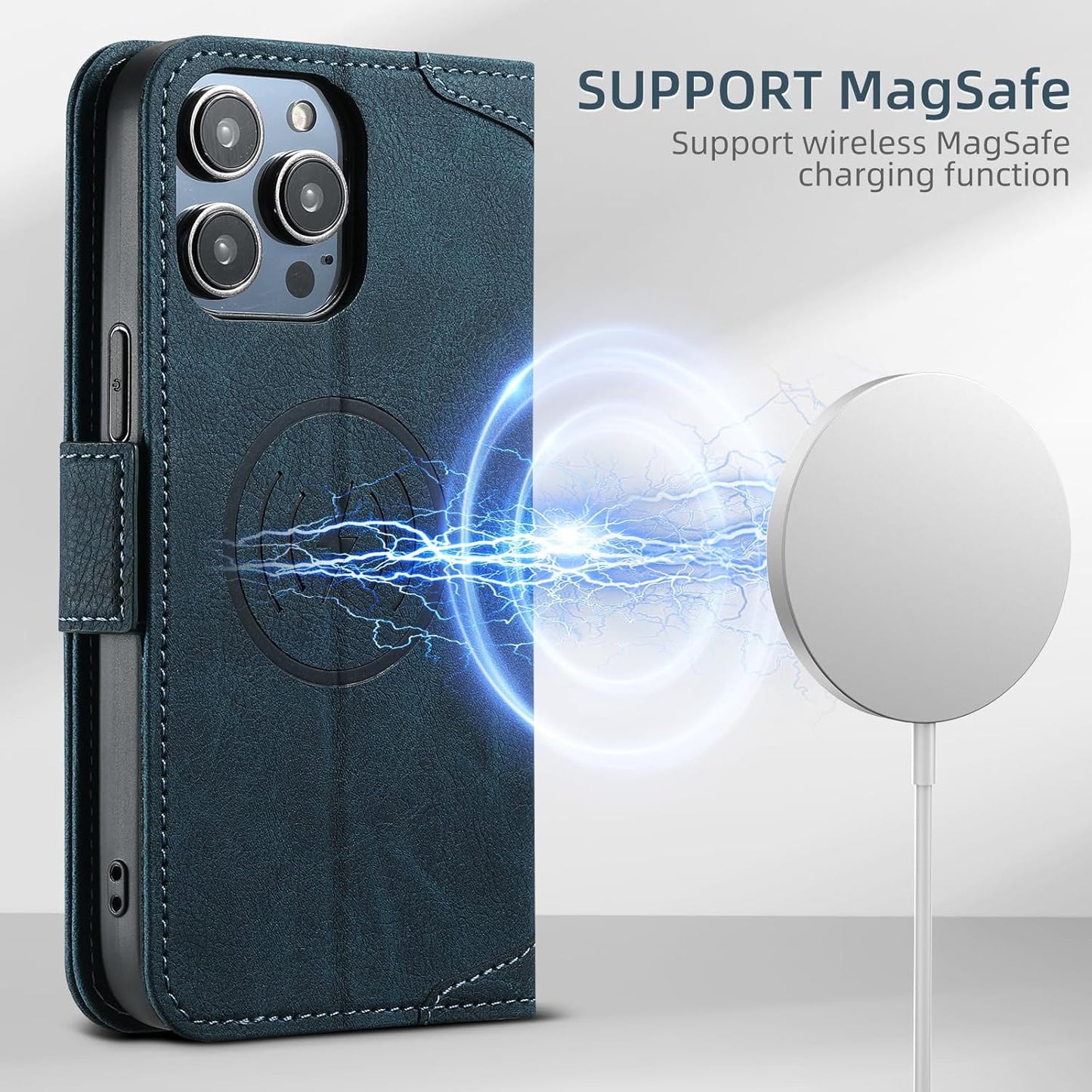Wallet Case for iPhone 13 Pro Magsafe Charger Compatible, Magnetic Buckle Leather Case, Card Slot Stand Shock Cover Black