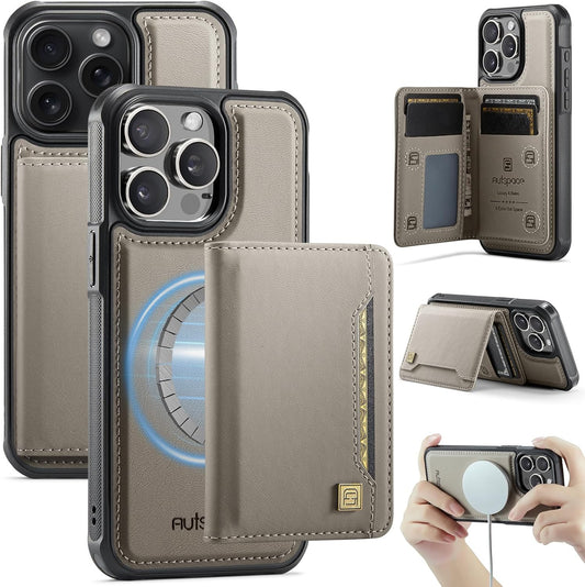 Double magnetic card holder mobile phone case for iPhone 14 Pro max, RFID (anti-theft), supports car magnetic suction function + multi-directional bracket Gray