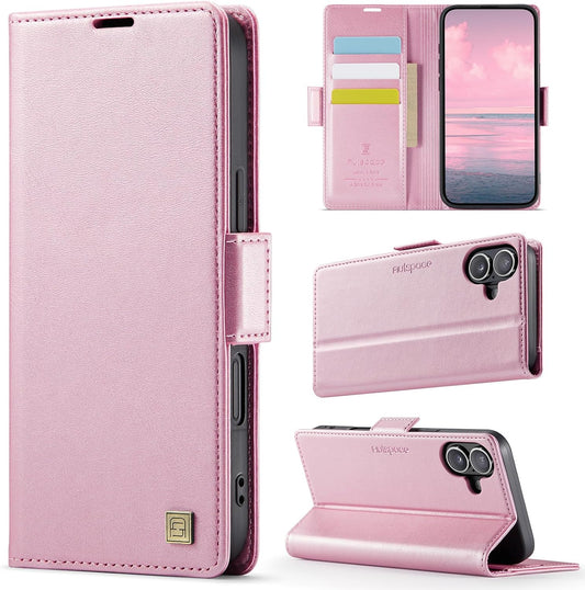 Soft leather wallet case for iPhone 16, RFID (anti-theft), wallet card slot flip cover stand for iPhone 16 Support wireless charging Rose Gold