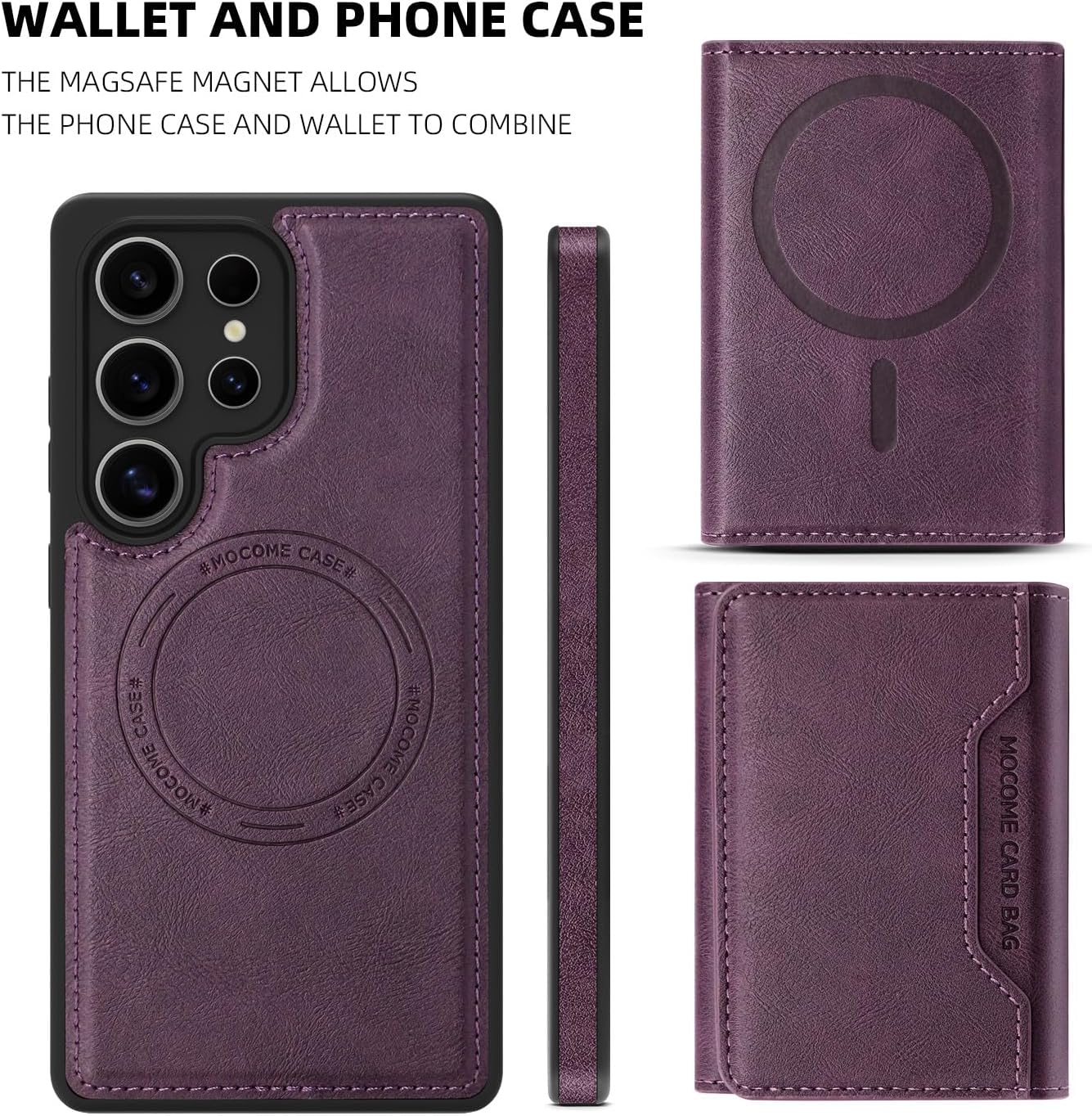 2 in 1 card holder phone case for Samsung Galaxy S25 Ultra, magnetic leather phone case magnetic car mount wireless charging, card holder holder Purple