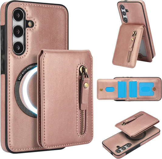 iTape Magnetic card holder phone case suitable for Samsung Galaxy S24FE, zipper magnetic split magnetic wallet with adjustable bracket Pink