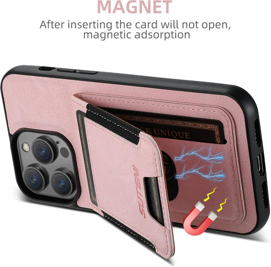 Litchi Texture Phone Case for iPhone 13 Pro max - Ultra-thin Simple Card Holder Phone Case with Stand Durable Buffer [Shockproof TPU Inner Shell] Pink