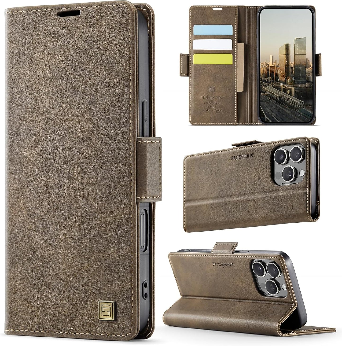 Soft leather wallet case for iPhone 16 Pro max, RFID (anti-theft), wallet card slot flip cover stand for iPhone 16 Pro max Support wireless charging Brown
