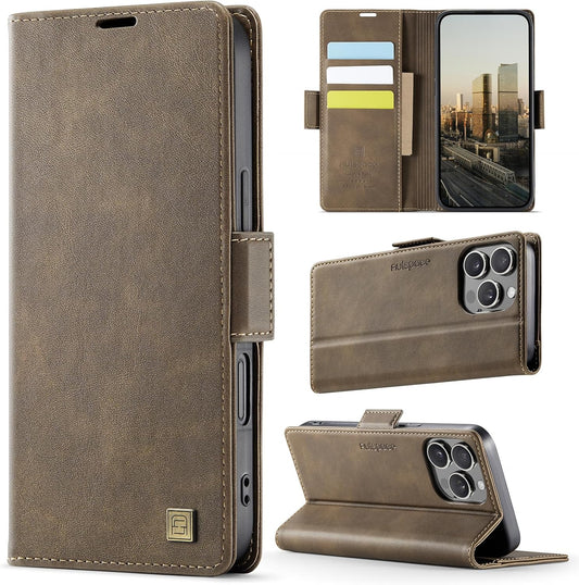 Soft leather wallet case for iPhone 16 Pro max, RFID (anti-theft), wallet card slot flip cover stand for iPhone 16 Pro max Support wireless charging Brown