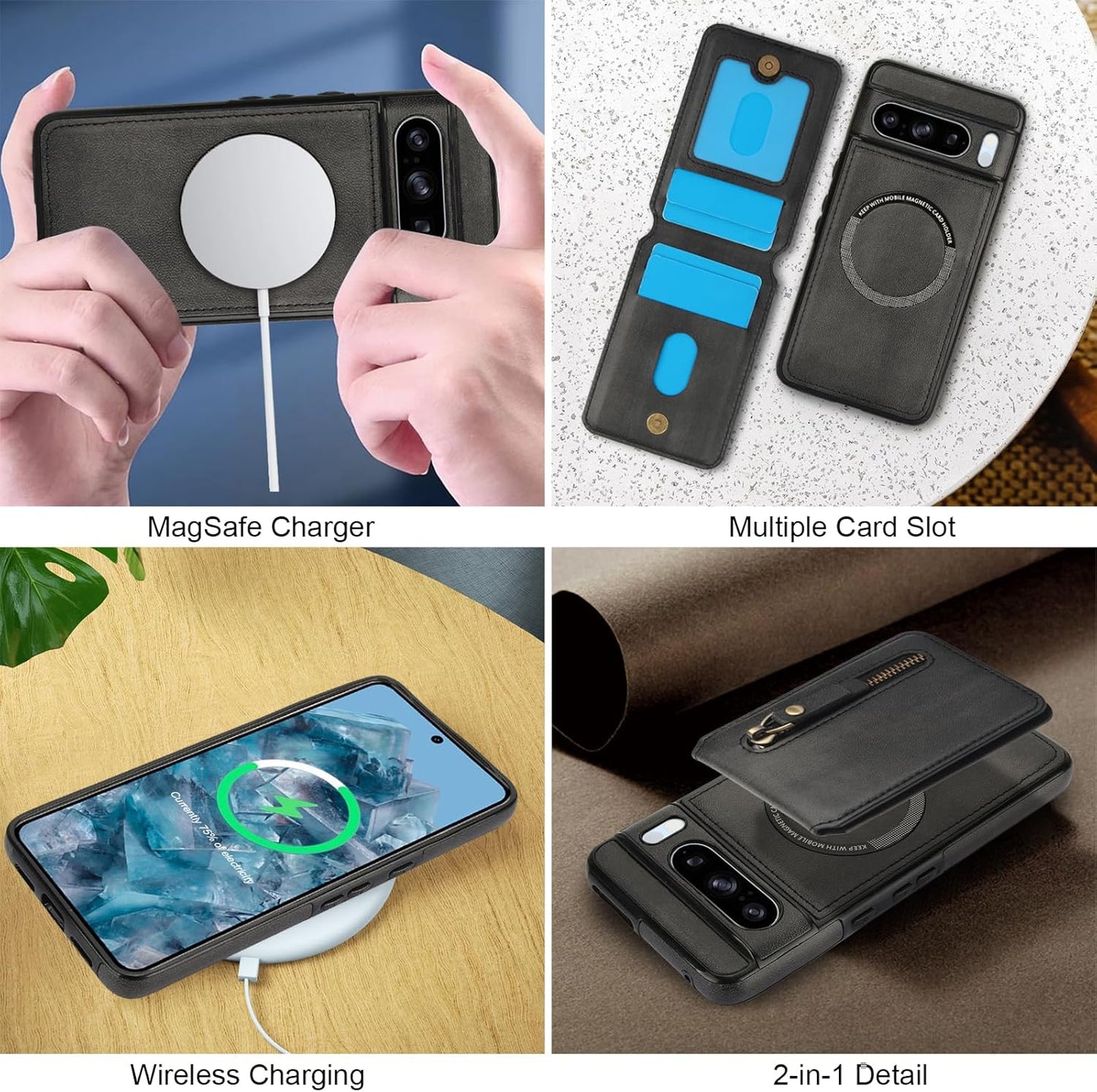 iTape Magnetic card holder phone case suitable for Google Pixel 8 Pro, zipper magnetic split magnetic wallet with adjustable bracket Brown
