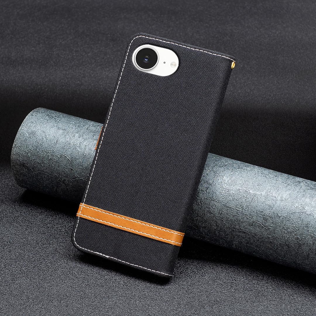 Colorblock Denim Wallet Phone Case for iPhone 16E, Wallet Phone Case Flip Stand, Credit Card Slot Wallet Wrist strap Green