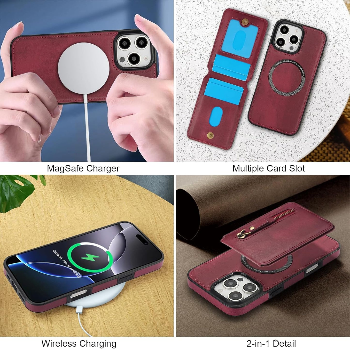 Magnetic card holder phone case suitable for iPhone 16 Pro, zipper magnetic split magnetic wallet with adjustable bracket Brown