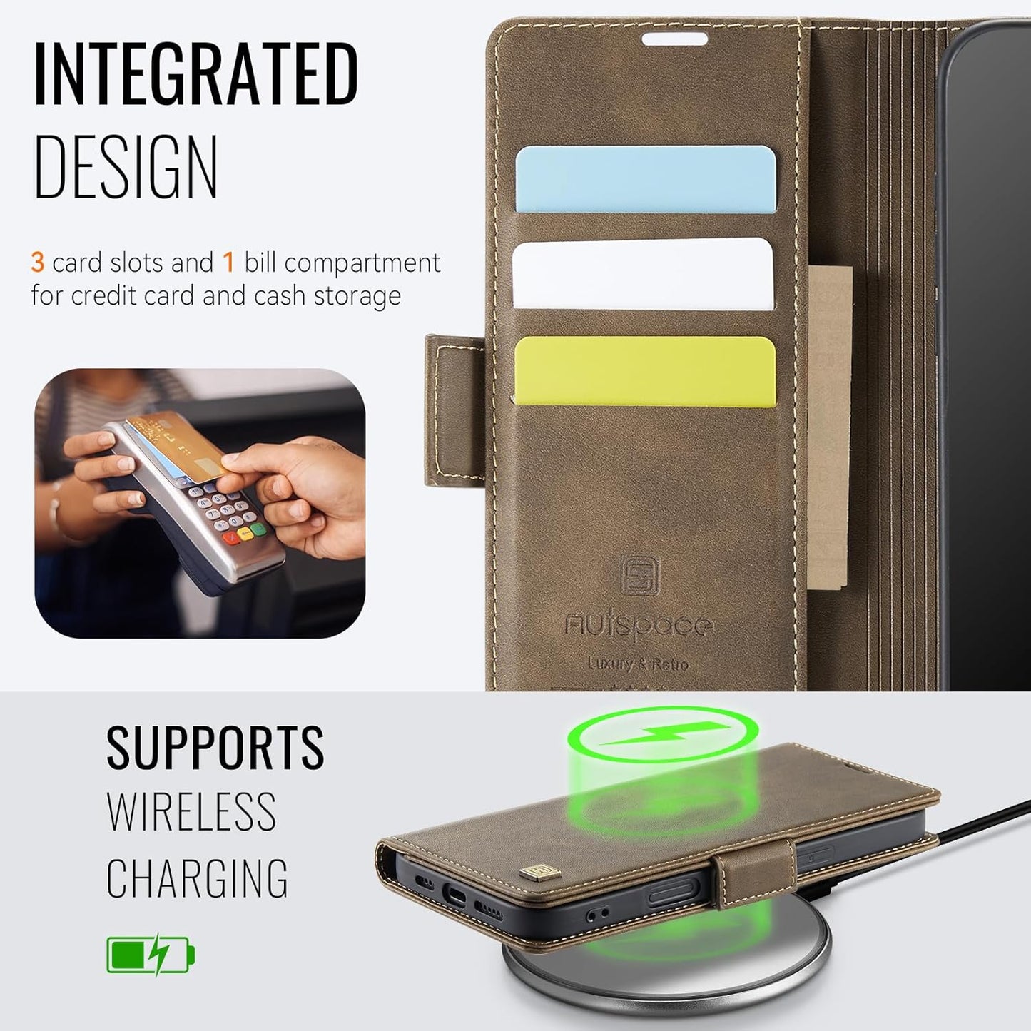 Soft leather wallet case for iPhone 16 Pro max, RFID (anti-theft), wallet card slot flip cover stand for iPhone 16 Pro max Support wireless charging Brown