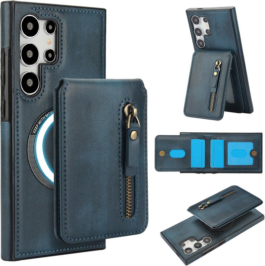 iTape Magnetic Card Holder Phone case Suitable for Samsung Galaxy S24 Ultra, Zipper Magnetic Split Magnetic Wallet with Adjustable Bracket