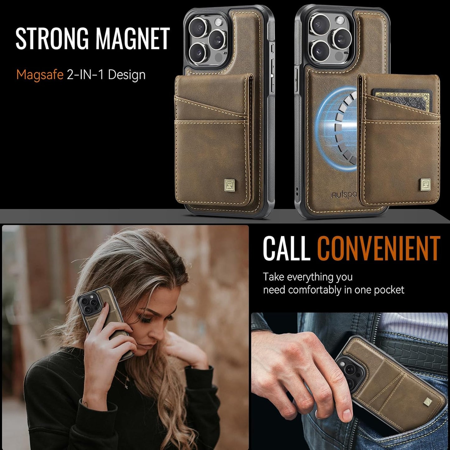 Up and down card holder mobile phone case suitable for iPhone 14 Pro max, RFID (anti-theft), supports car magnetic suction function, card slot wallet holder Black