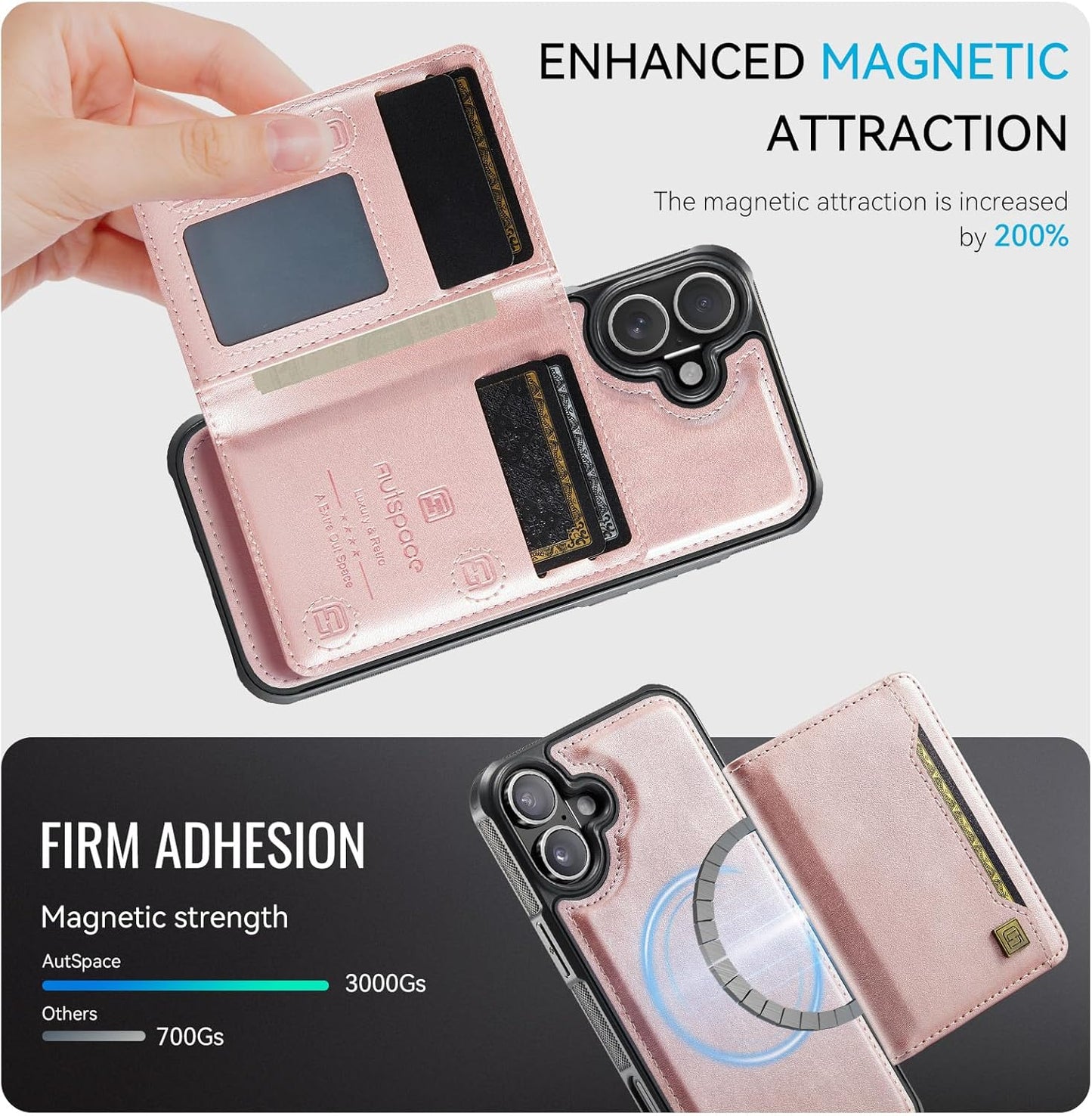 Double magnetic card holder mobile phone case for iPhone 16, RFID (anti-theft), supports car magnetic suction function + multi-directional bracket Blue
