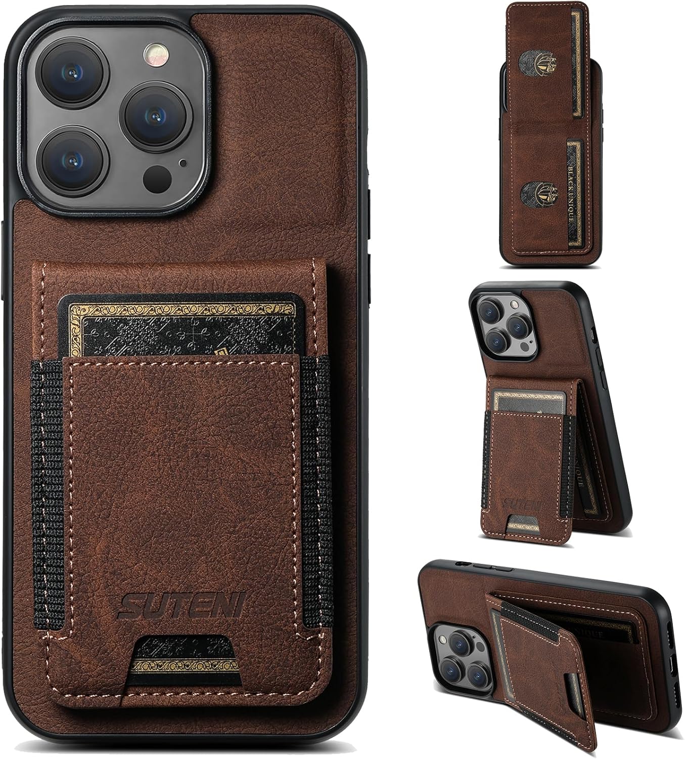 Litchi Texture Phone Case for iPhone 14 Pro max - Ultra-thin Simple Card Holder Phone Case with Stand Durable Buffer [Shockproof TPU Inner Shell] Brown