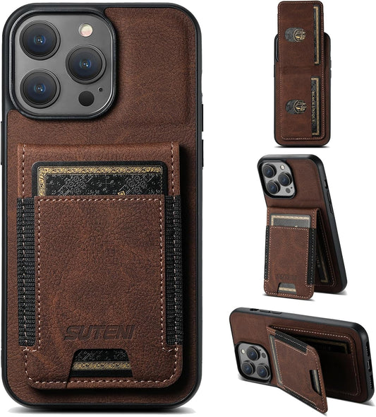 Litchi Texture Phone Case for iPhone 14 Pro max - Ultra-thin Simple Card Holder Phone Case with Stand Durable Buffer [Shockproof TPU Inner Shell] Brown
