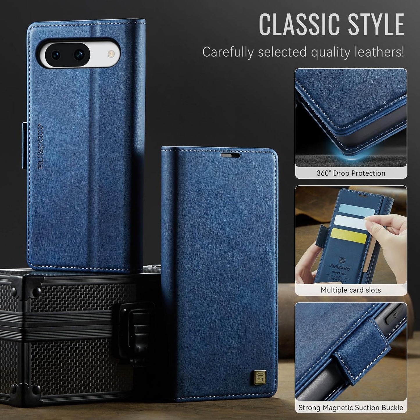 iTape Soft leather wallet case for Google Pixel 8a, RFID (anti-theft), wallet card slot flip cover stand for Google Pixel 8a Support wireless charging Blue