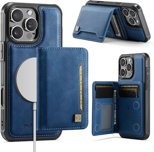 Double magnetic card holder mobile phone case for iPhone 16 Pro, RFID (anti-theft), supports car magnetic suction function + multi-directional bracket Blue