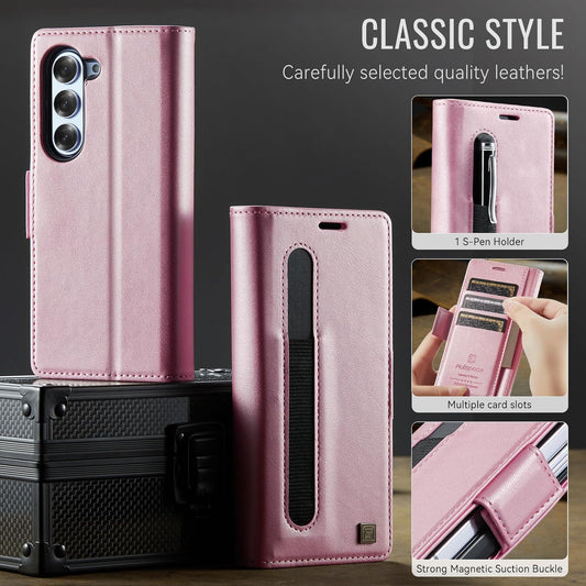 iTape Soft leather wallet case for Samsung Z Fold5, RFID (anti-theft), wallet card slot flip cover stand for Samsung Z Fold5 Support wireless charging Rose Gold