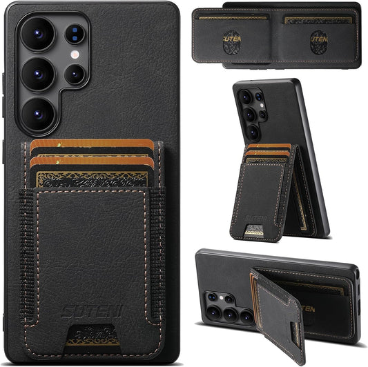 iTape Litchi Texture Phone Case for Samsung Galaxy S25 Ultra - Ultra-thin Simple Card Holder Phone Case with Stand Durable Buffer [Shockproof TPU Inner Shell] Black