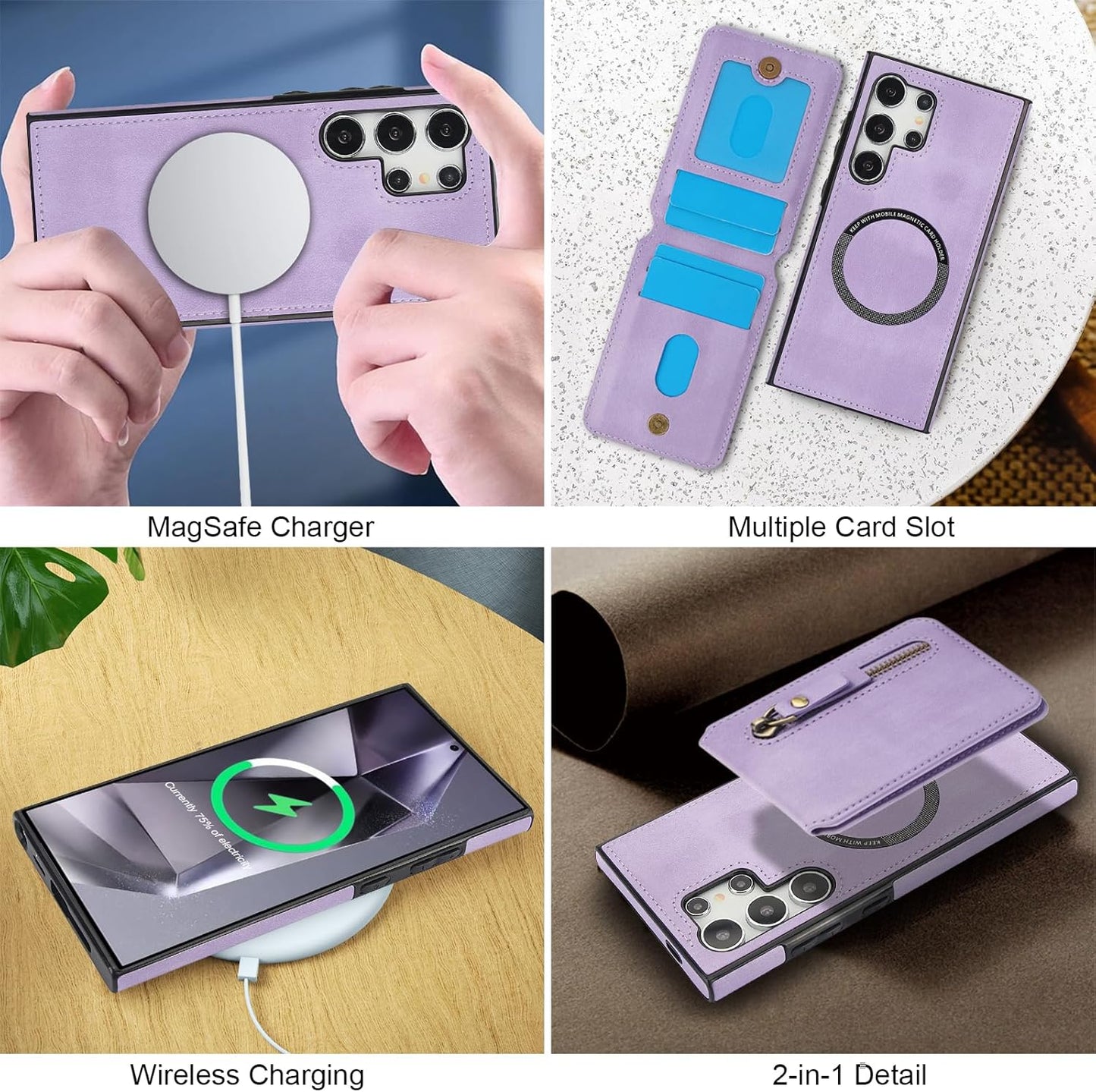 iTape Magnetic Card Holder Phone case Suitable for Samsung Galaxy S24 Ultra, Zipper Magnetic Split Magnetic Wallet with Adjustable Bracket