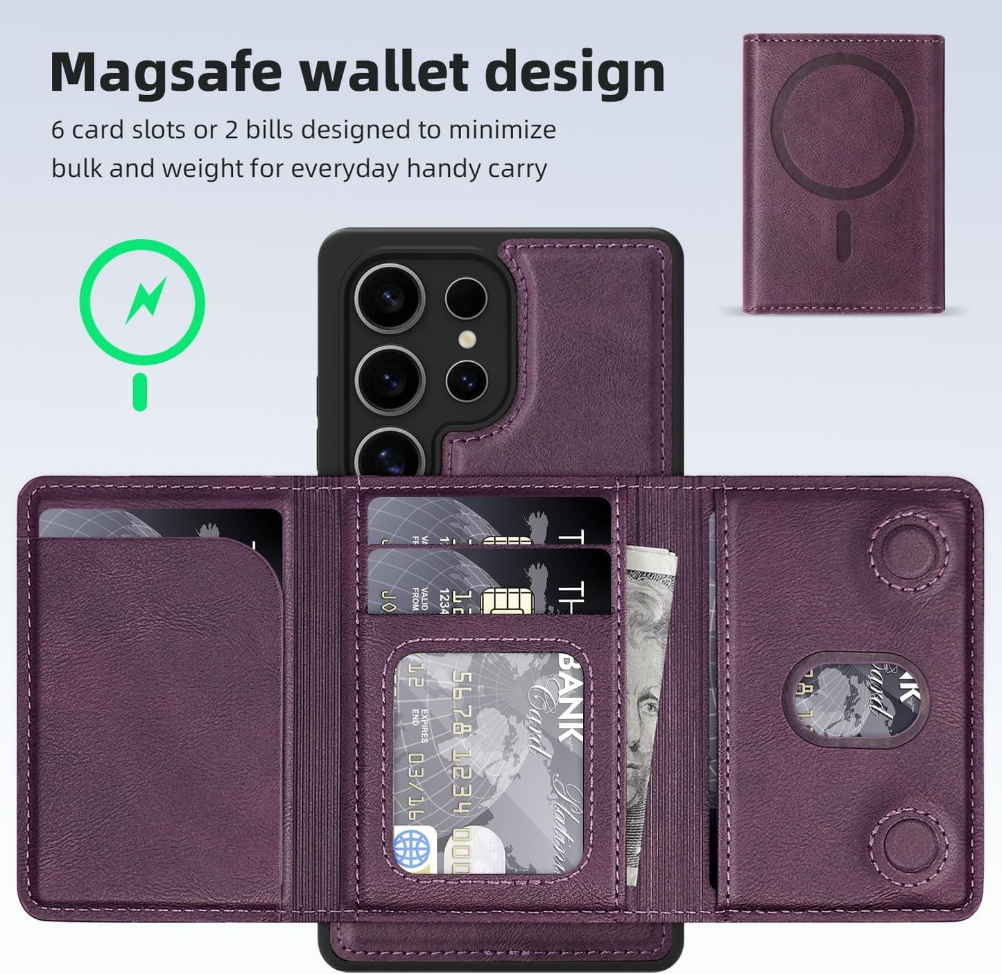 2 in 1 card holder phone case for Samsung Galaxy S25 Ultra, magnetic leather phone case magnetic car mount wireless charging, card holder holder Purple