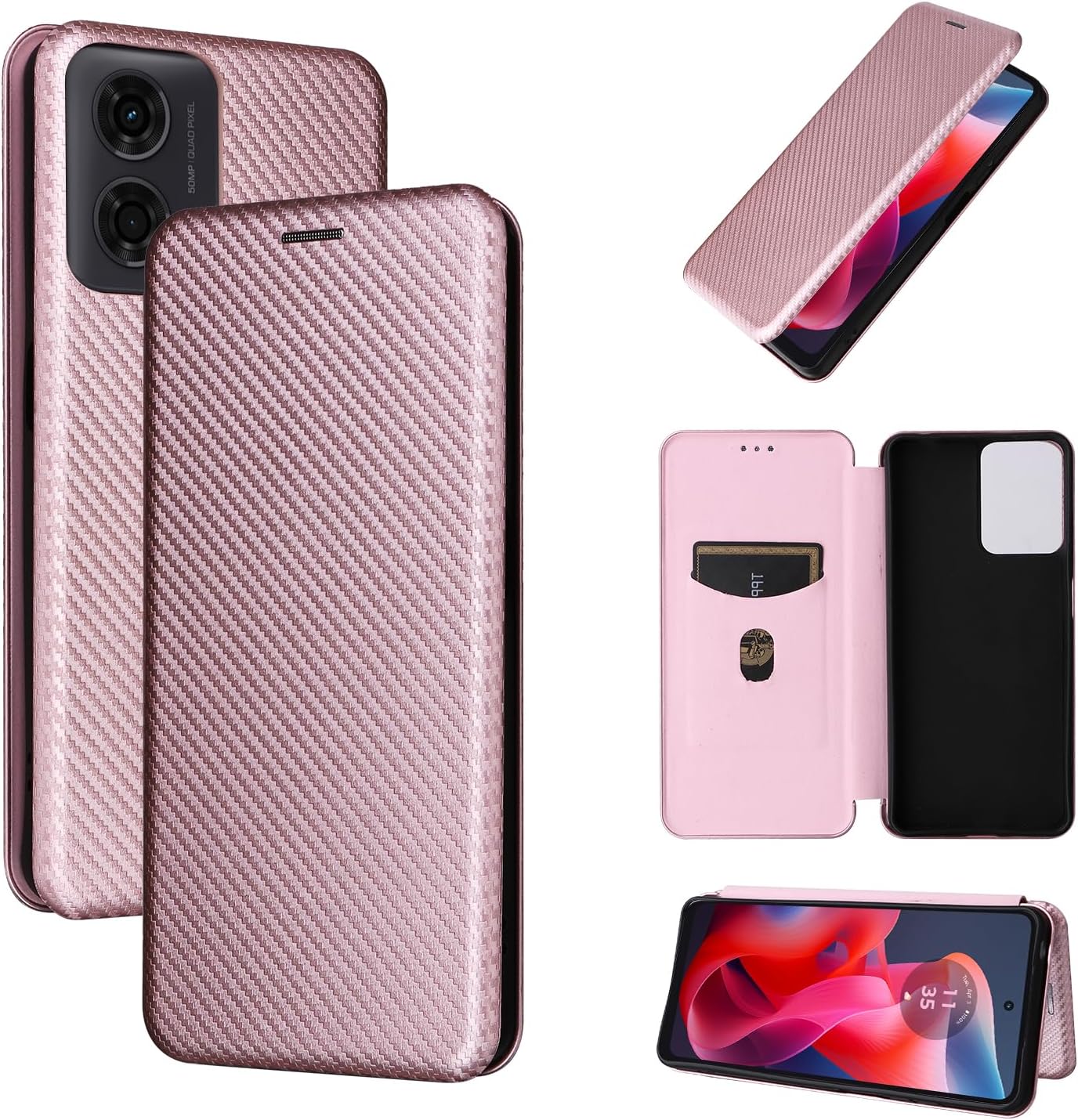 iTape Carbon fiber phone case for Motorola Moto G 04. Magnetic flip phone case, credit card slot, wallet case, shockproof and drop-proof Green