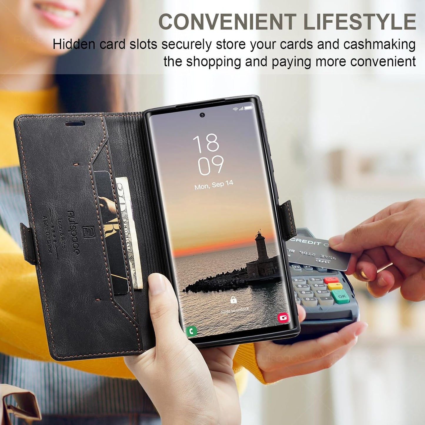 iTape Retro frosted soft leather mobile phone case for Samsung Galaxy S24 Ultra, RFID (anti-theft swipe), wallet card slot flip cover stand, Black