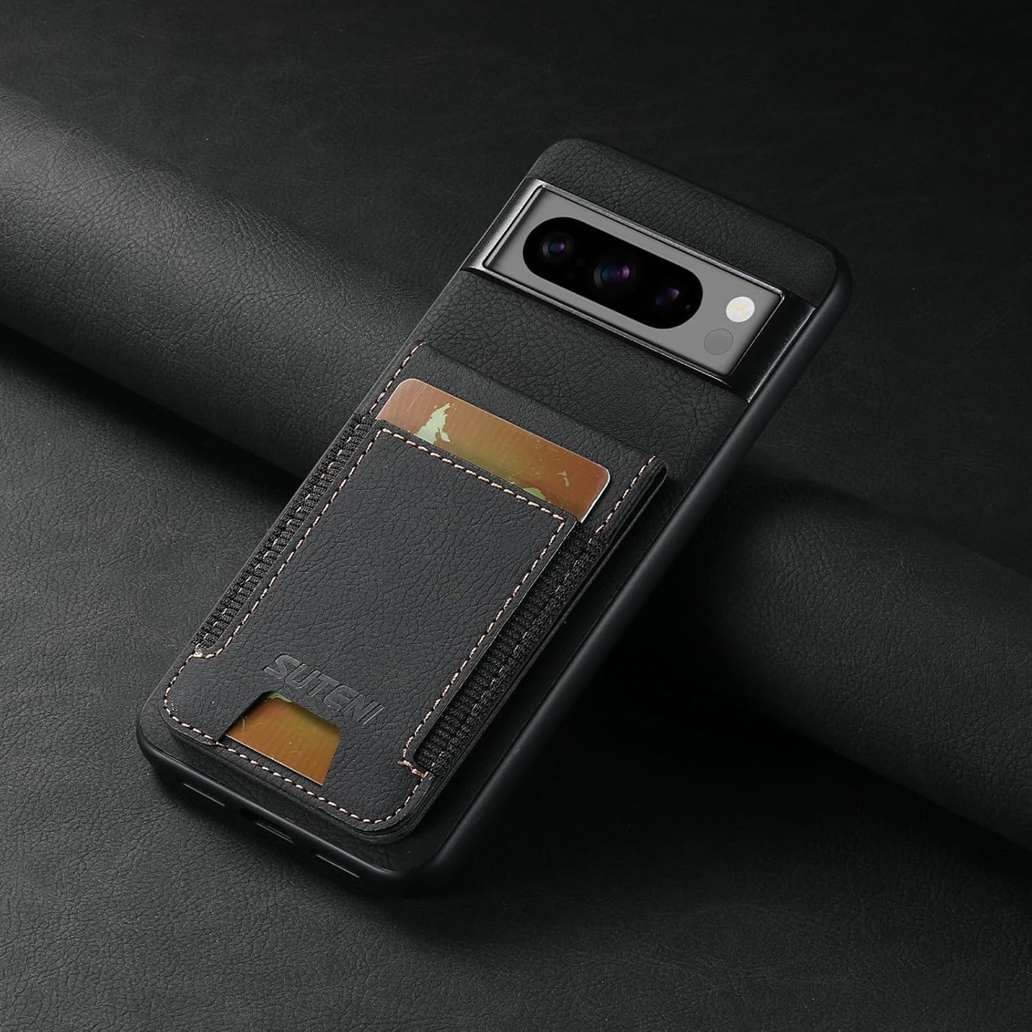 iTape Litchi Texture Phone Case for Google Pixel 8 Pro - Ultra-thin Simple Card Holder Phone Case with Stand Durable Buffer [Shockproof TPU Inner Shell] Black