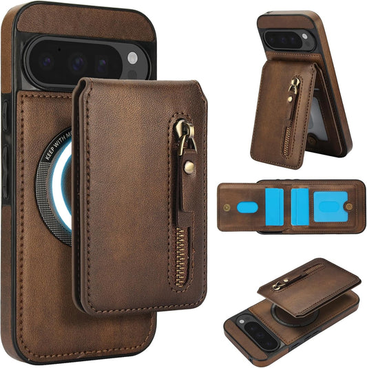 iTape Magnetic card holder phone case suitable for Google Pixel 9 Pro XL, zipper magnetic split magnetic wallet with adjustable bracket Brown