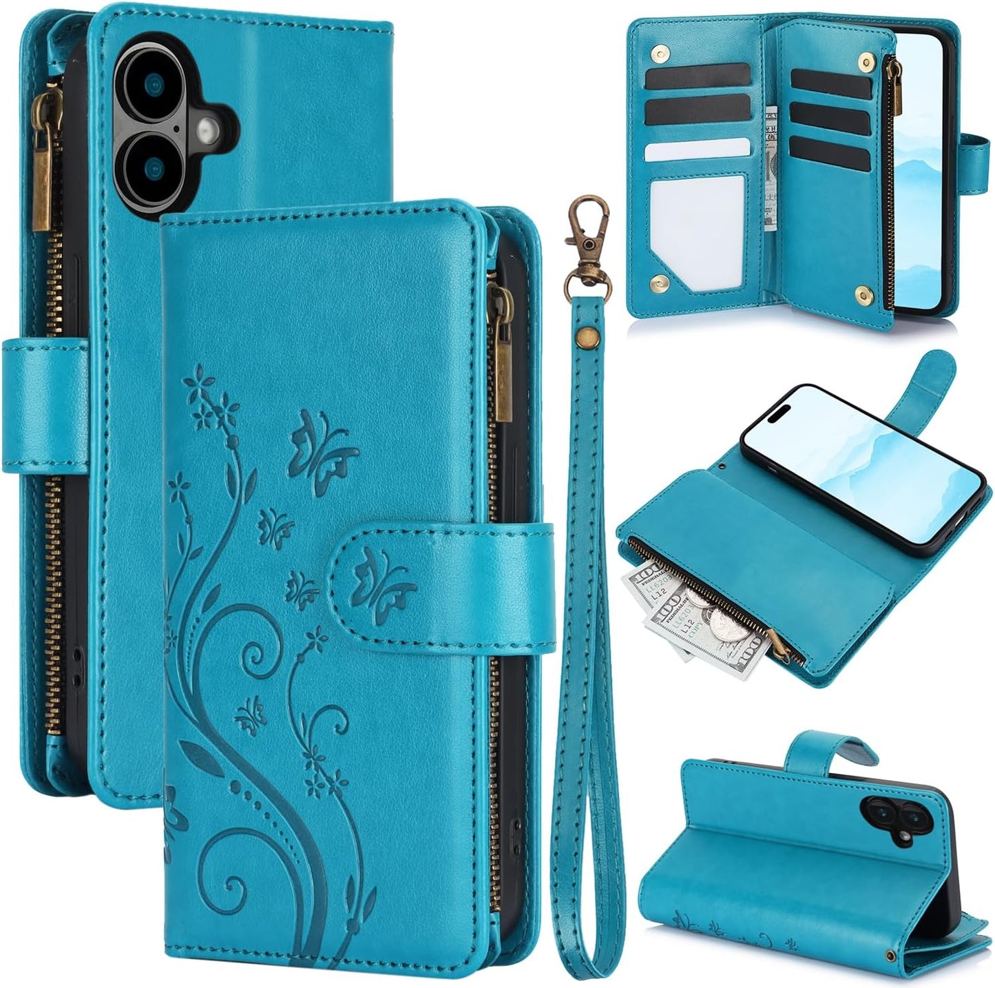 Orchid Butterfly Phone Case for iPhone 16 with Multiple Card Slots Wallet, Magnetic Closure Bracket, Shockproof Protective Phone Case Wristband