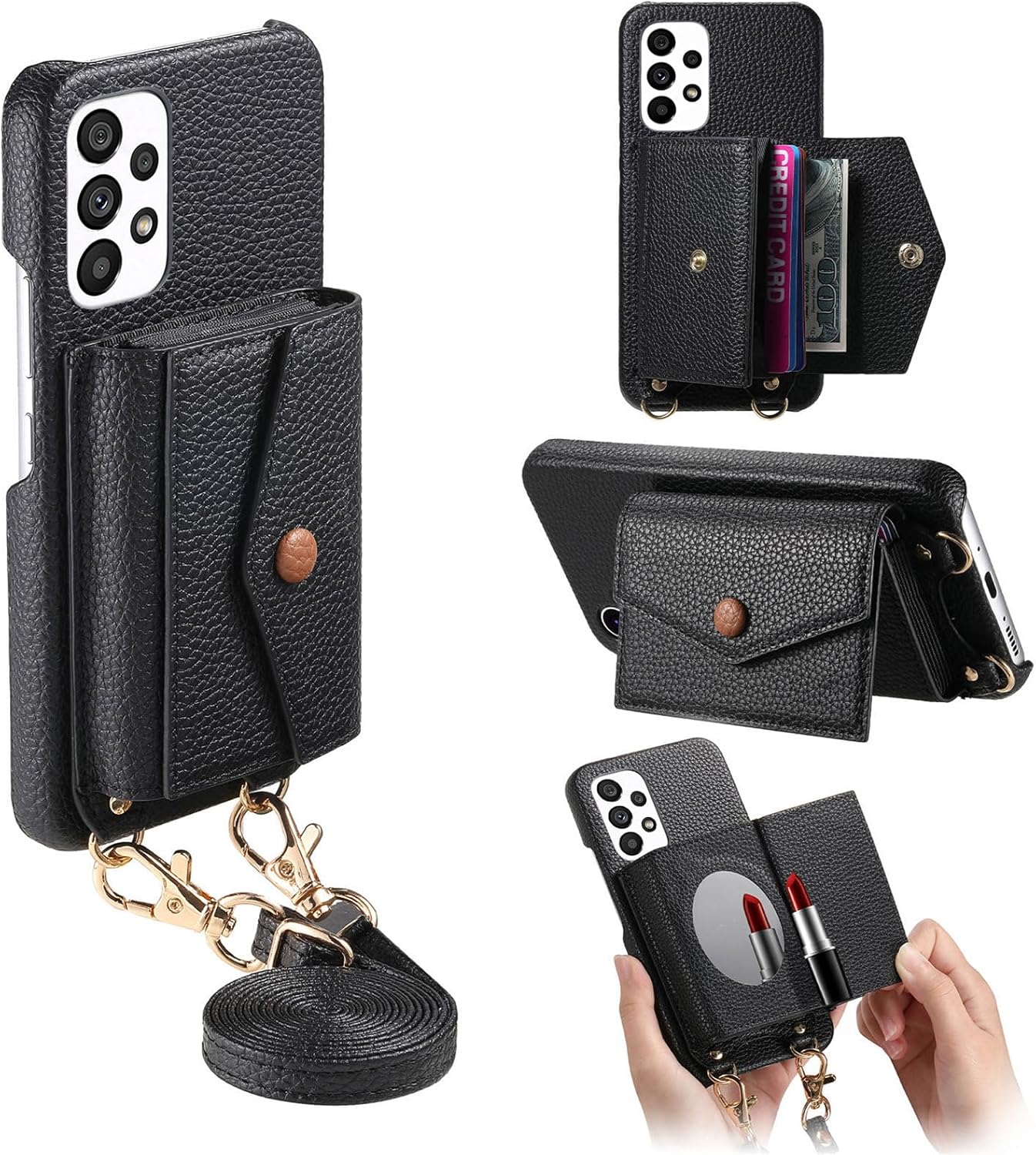 iTape Card Holder Wallet Phone Case for Samsung Galaxy A53 5G, Shockproof Ultra-thin Phone Case, Makeup Mirror with Crossbody Strap Gray
