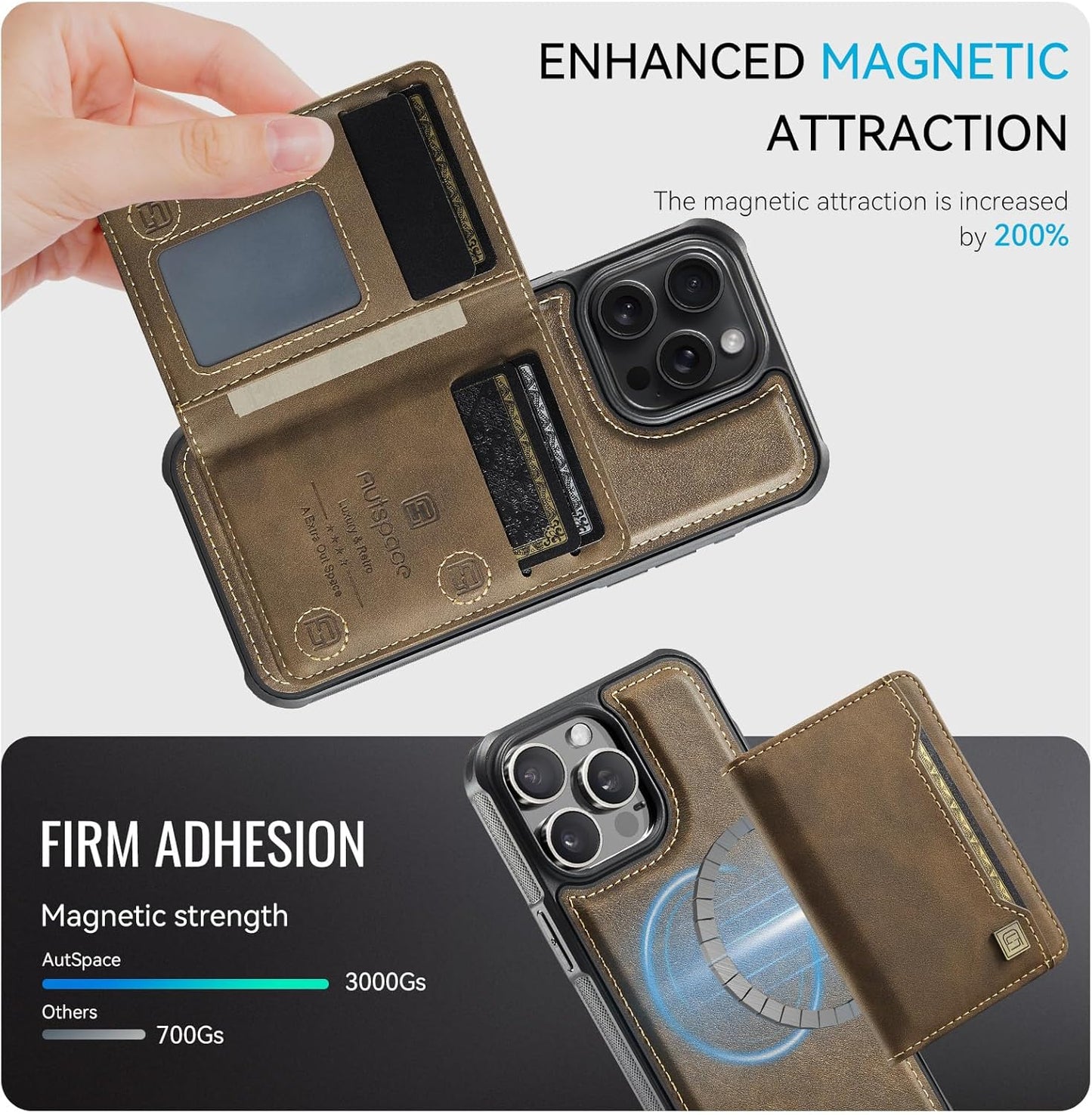 Double magnetic card holder mobile phone case for iPhone 14 Pro max, RFID (anti-theft), supports car magnetic suction function + multi-directional bracket Gray