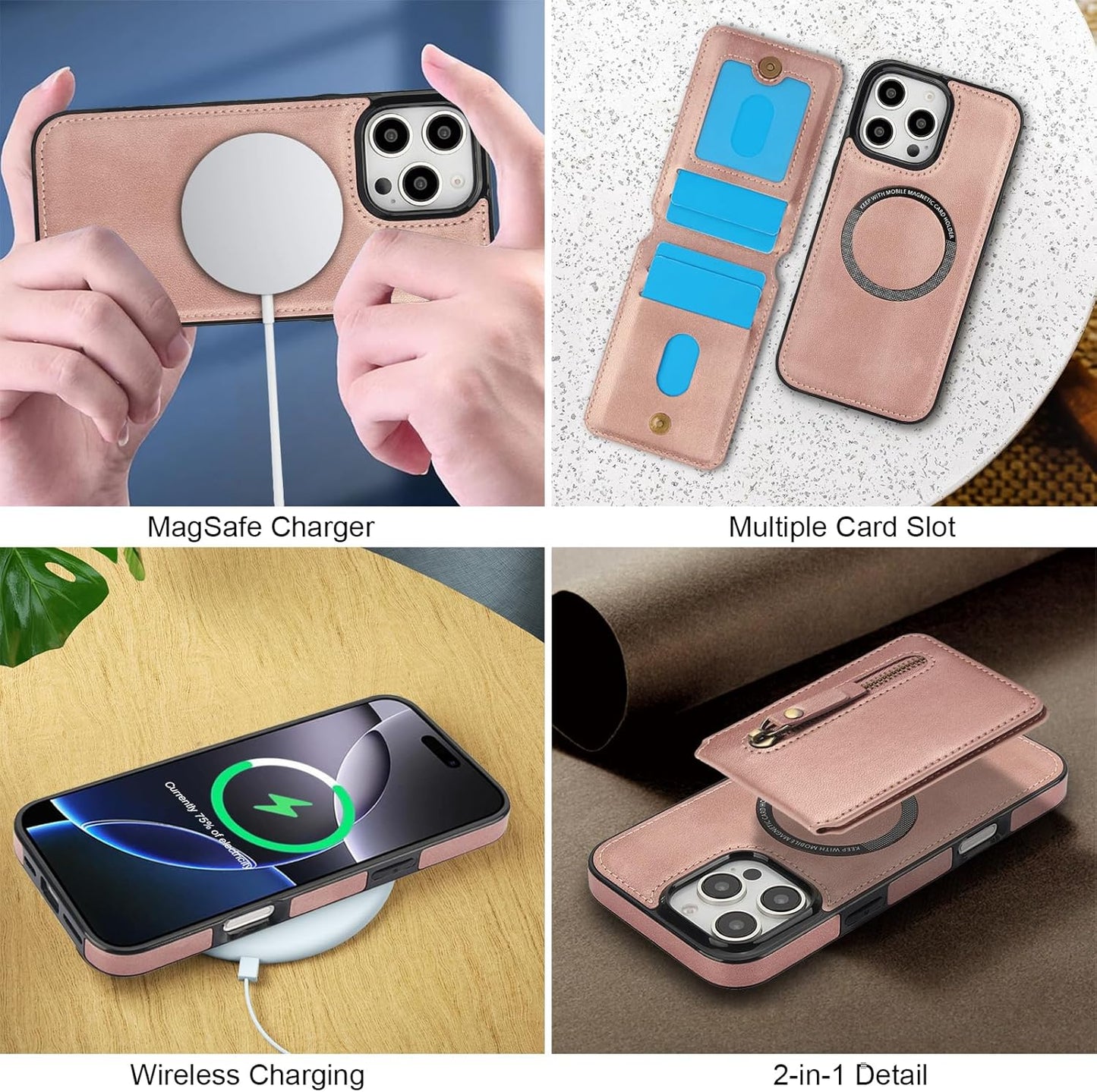 Magnetic card holder phone case suitable for iPhone 16 Pro, zipper magnetic split magnetic wallet with adjustable bracket Brown
