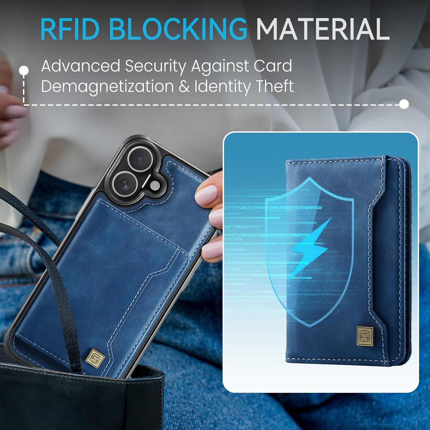 Double magnetic card holder mobile phone case for iPhone 16, RFID (anti-theft), supports car magnetic suction function + multi-directional bracket Blue