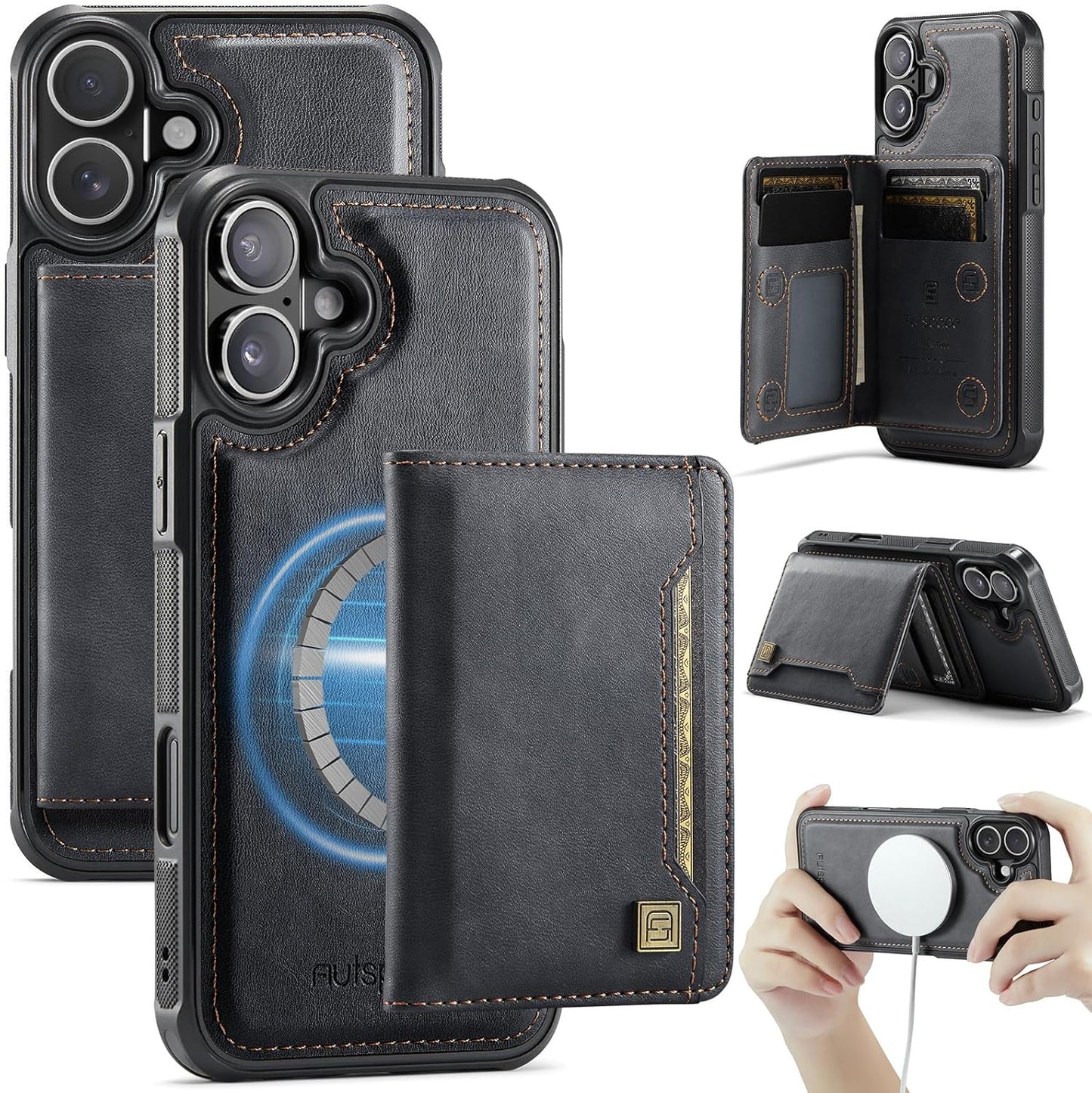 Double magnetic card holder mobile phone case for iPhone 16, RFID (anti-theft), supports car magnetic suction function + multi-directional bracket Blue