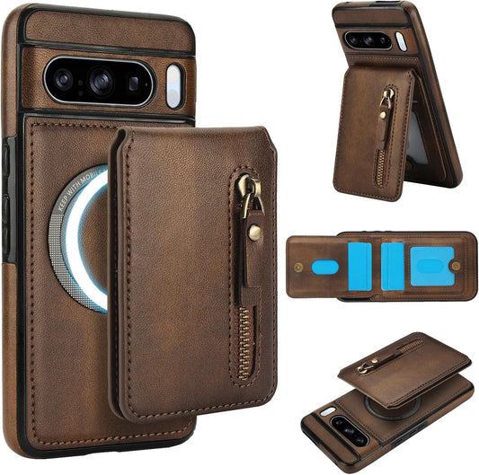 iTape Magnetic card holder phone case suitable for Google Pixel 8 Pro, zipper magnetic split magnetic wallet with adjustable bracket Brown