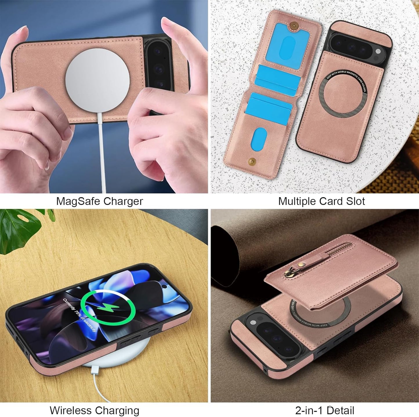 iTape Magnetic card holder phone case suitable for Google Pixel 9 Pro, zipper magnetic split magnetic wallet with adjustable bracket