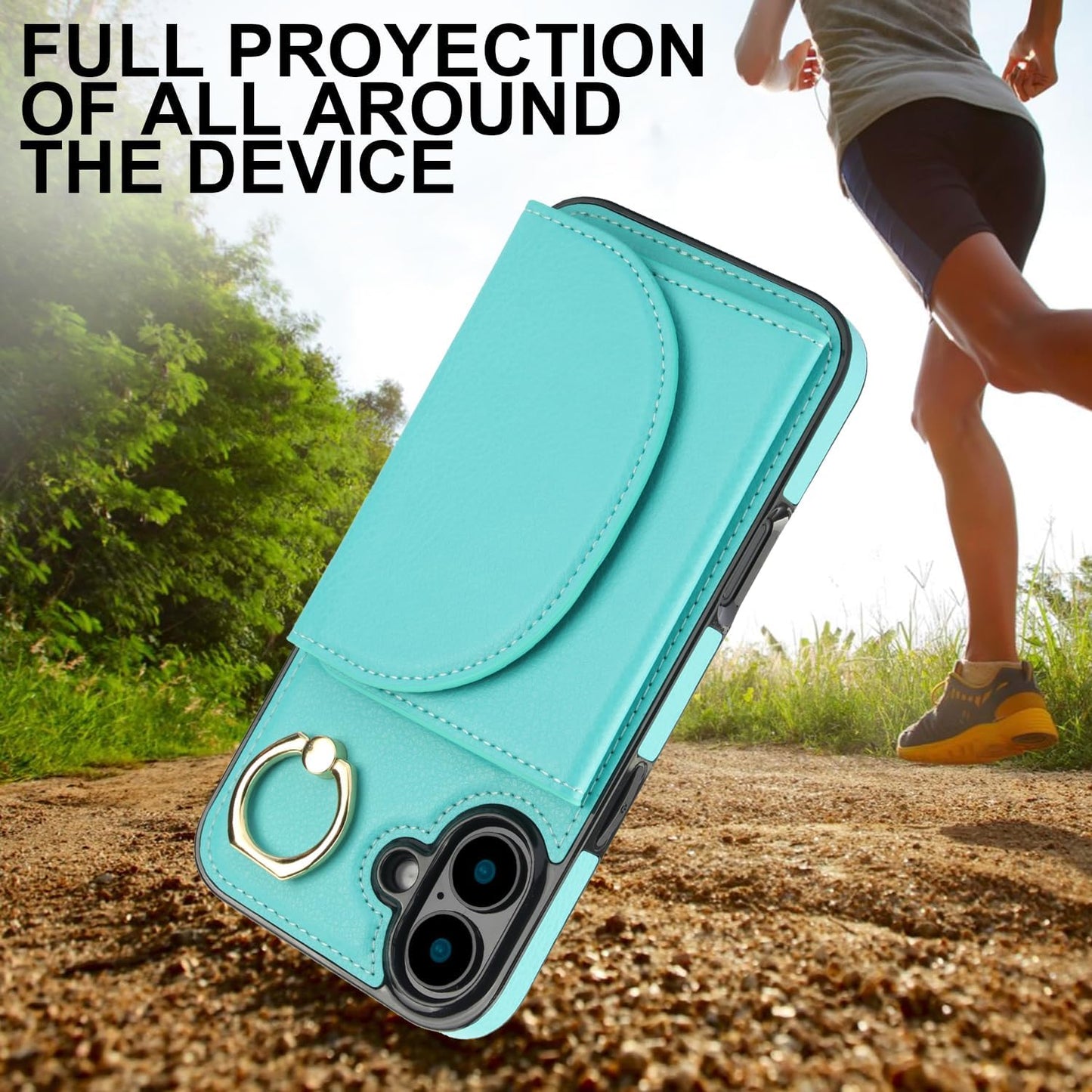 Tri-fold wallet case for iPhone 16 Plus, 360° rotating ring buckle stand, shockproof phone case coin purse card holder Black
