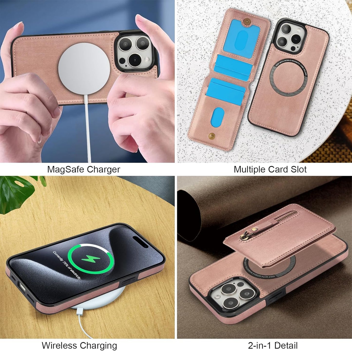 Magnetic card holder phone case suitable for iPhone 15 Pro max, zipper magnetic split magnetic wallet with adjustable bracket Brown