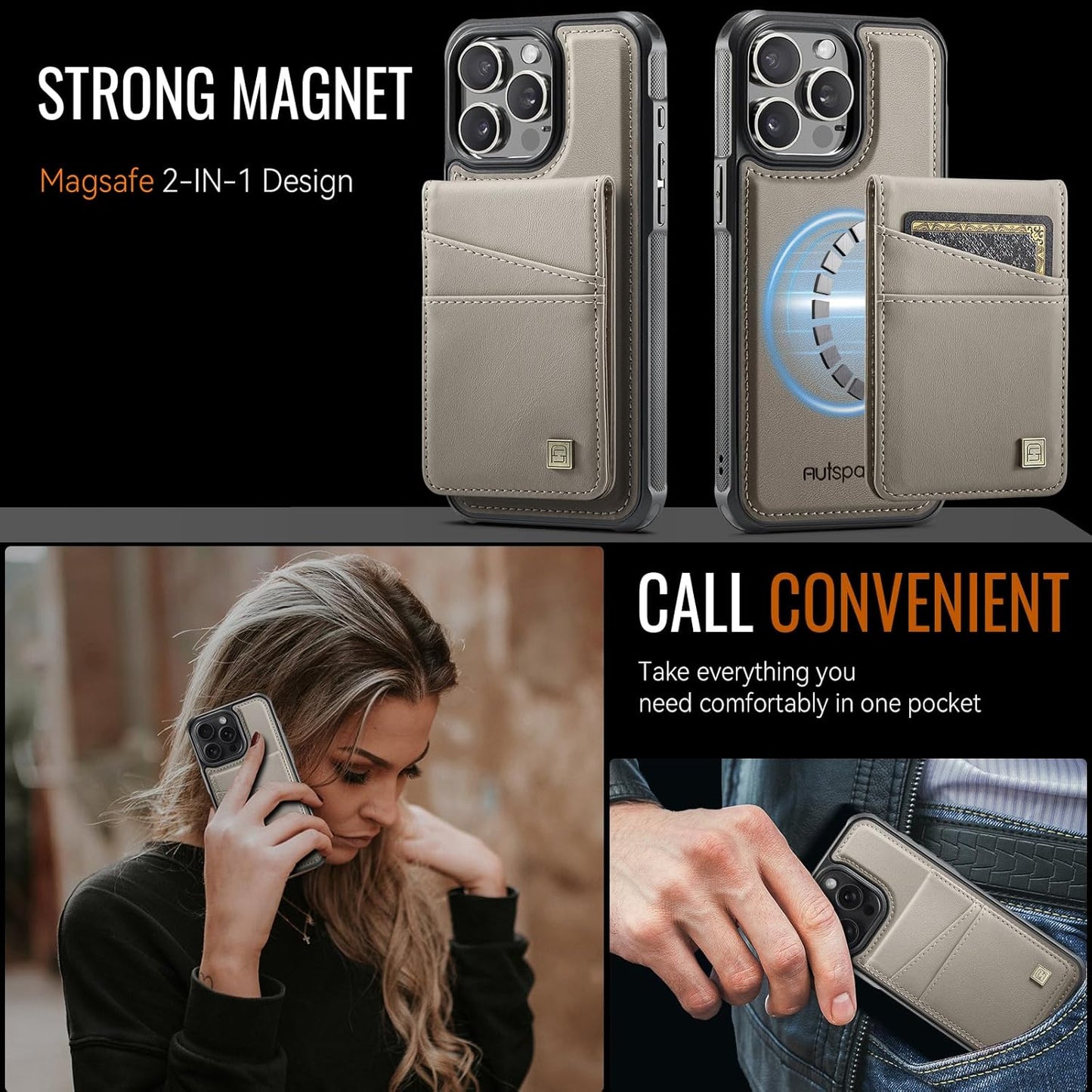 Up and down card holder mobile phone case suitable for iPhone 14 Pro max, RFID (anti-theft), supports car magnetic suction function, card slot wallet holder Black