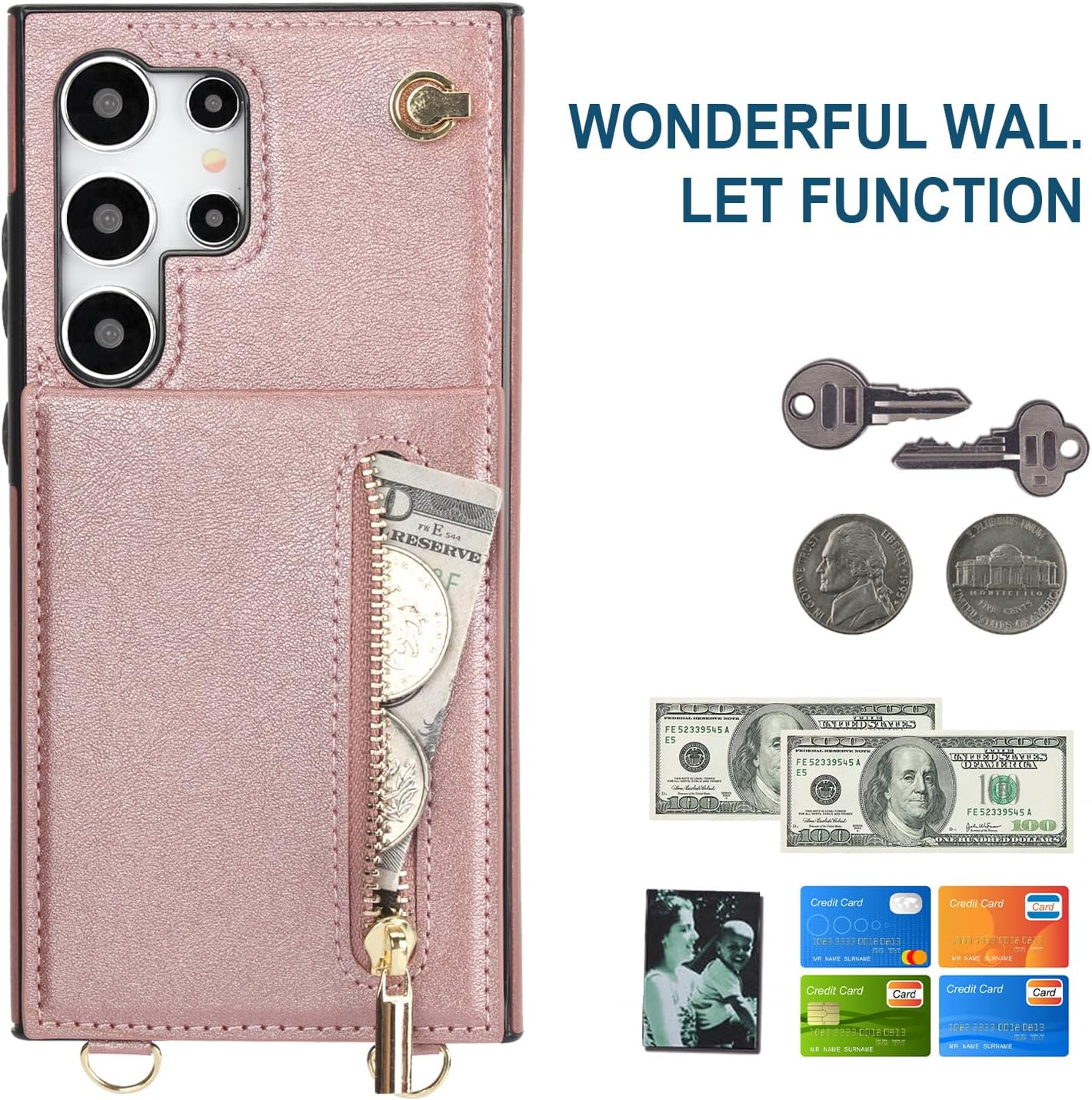 iTape Samsung Galaxy S24 Ultra Case Wallet, Zipper Coin Pouch, Credit Card Slot Holder, Wrist Strap, Samsung Galaxy S24 Ultra Case Adjustable Crossbody Lanyard [RFID Blocked]