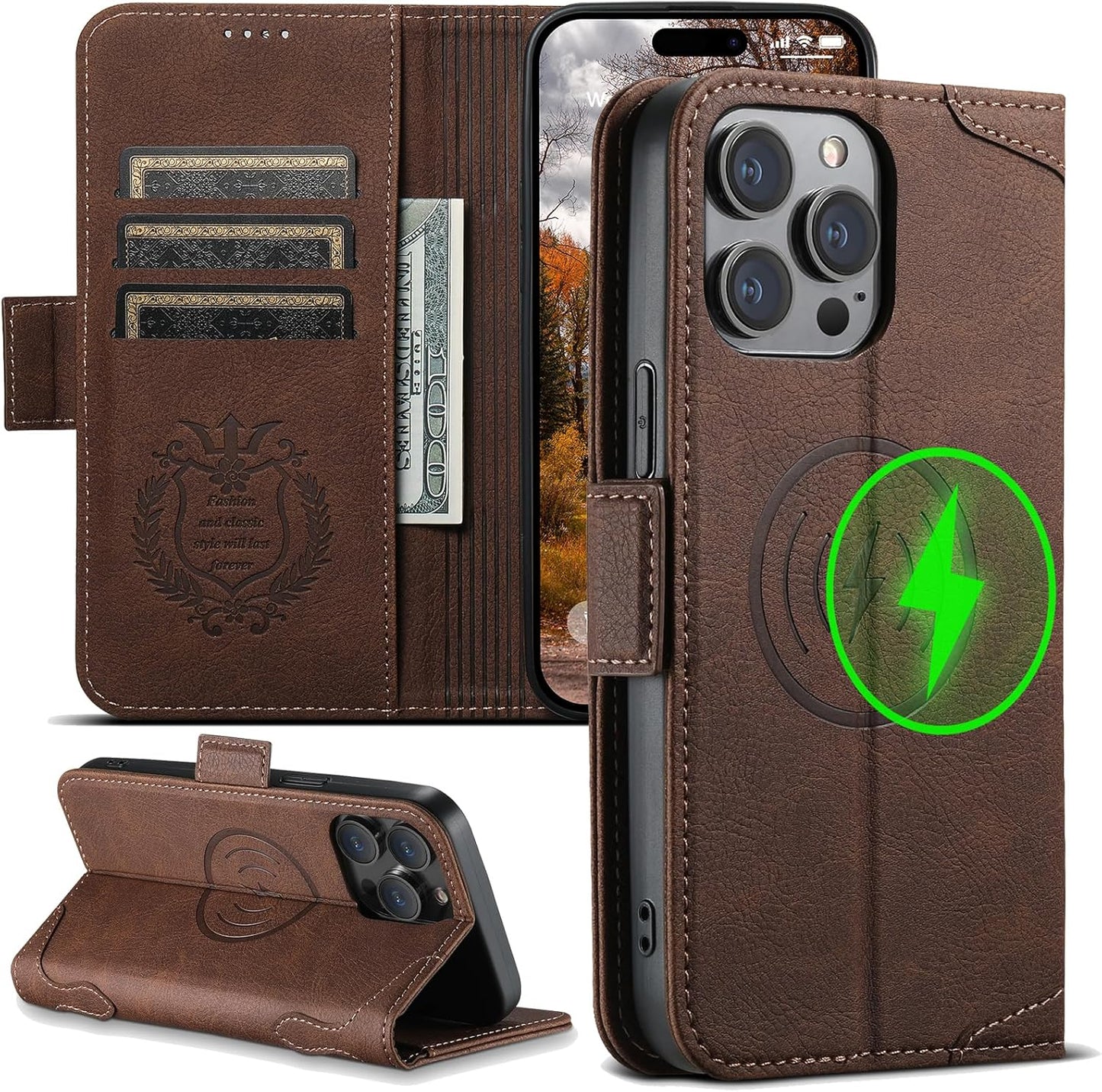 Wallet Case for iPhone 13 Pro Magsafe Charger Compatible, Magnetic Buckle Leather Case, Card Slot Stand Shock Cover Black