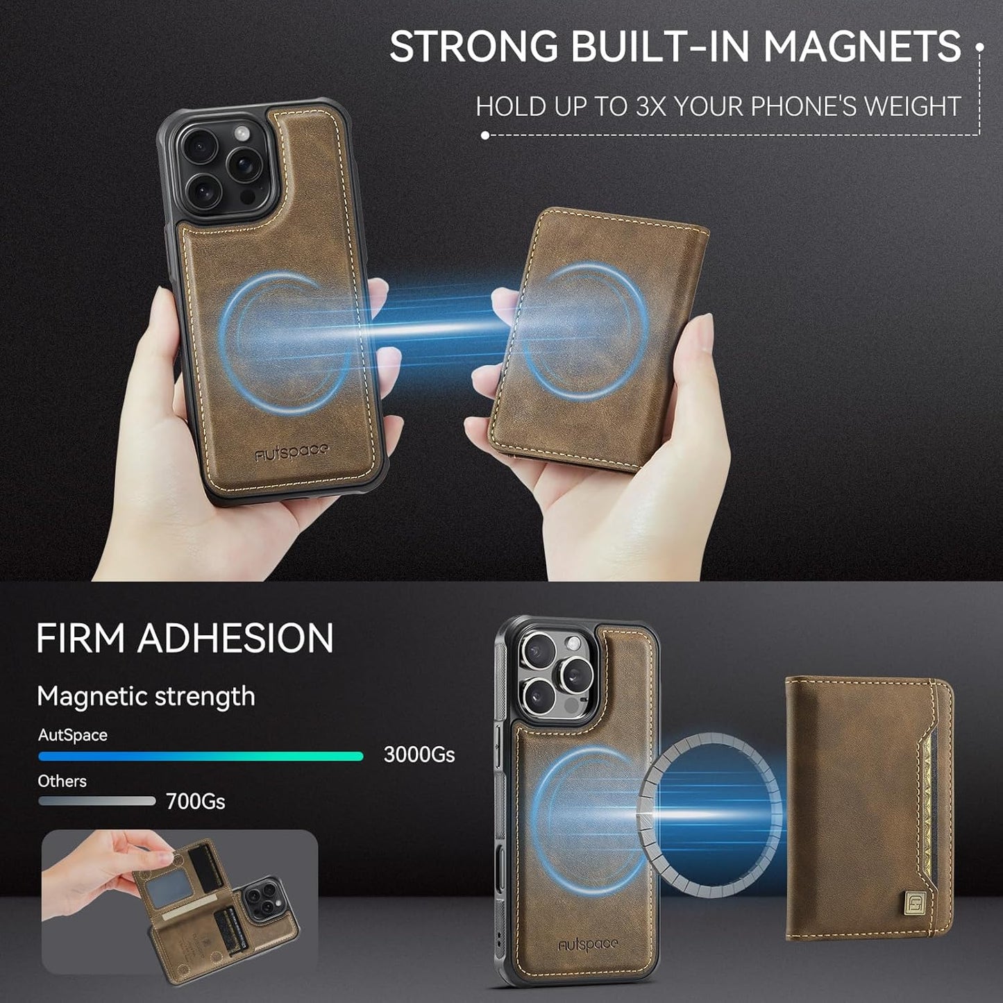 Double magnetic card holder mobile phone case for iPhone 16 Pro, RFID (anti-theft), supports car magnetic suction function + multi-directional bracket Blue