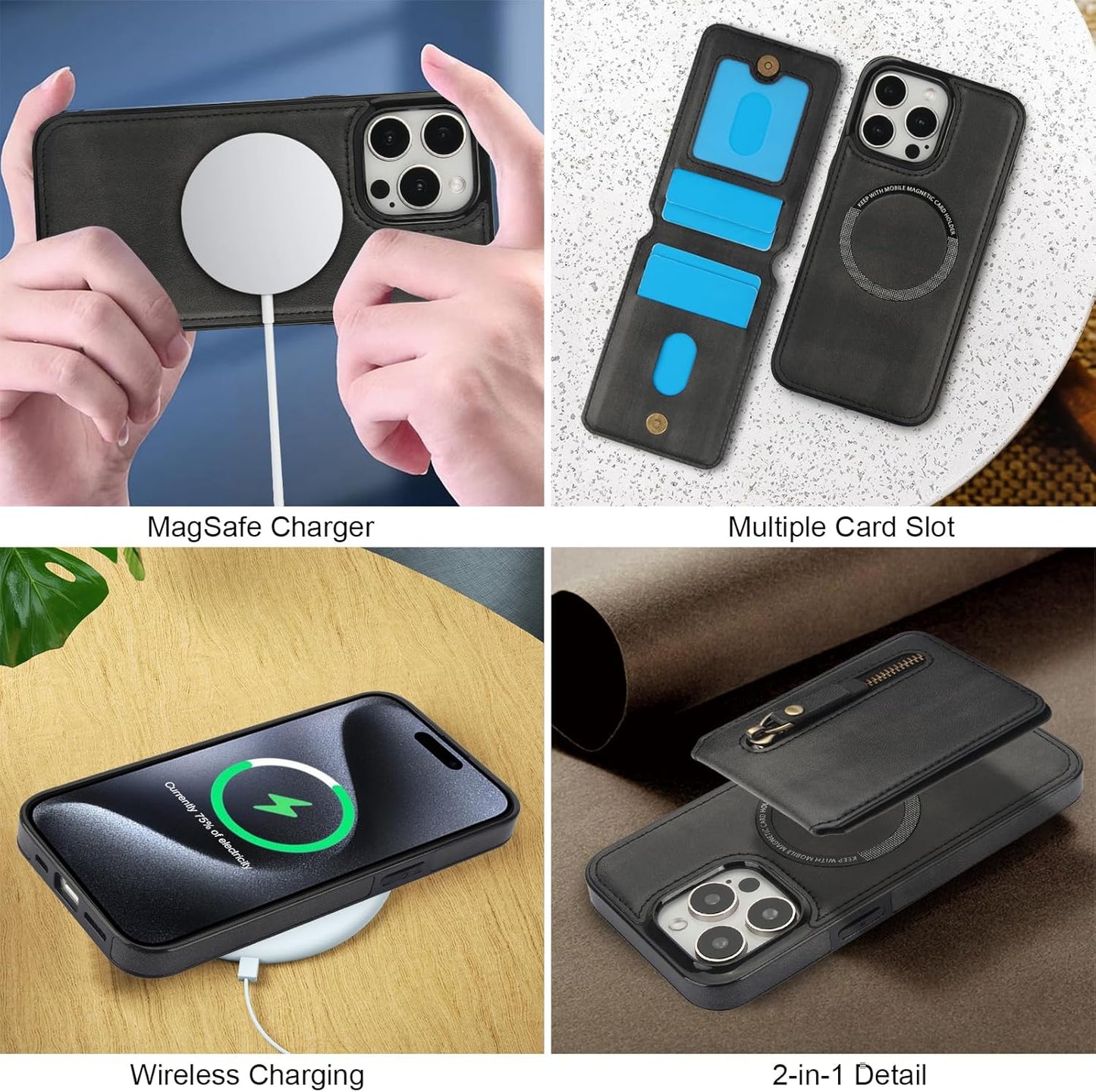 Magnetic card holder phone case suitable for iPhone 15 Pro, zipper magnetic split magnetic wallet with adjustable bracket Black