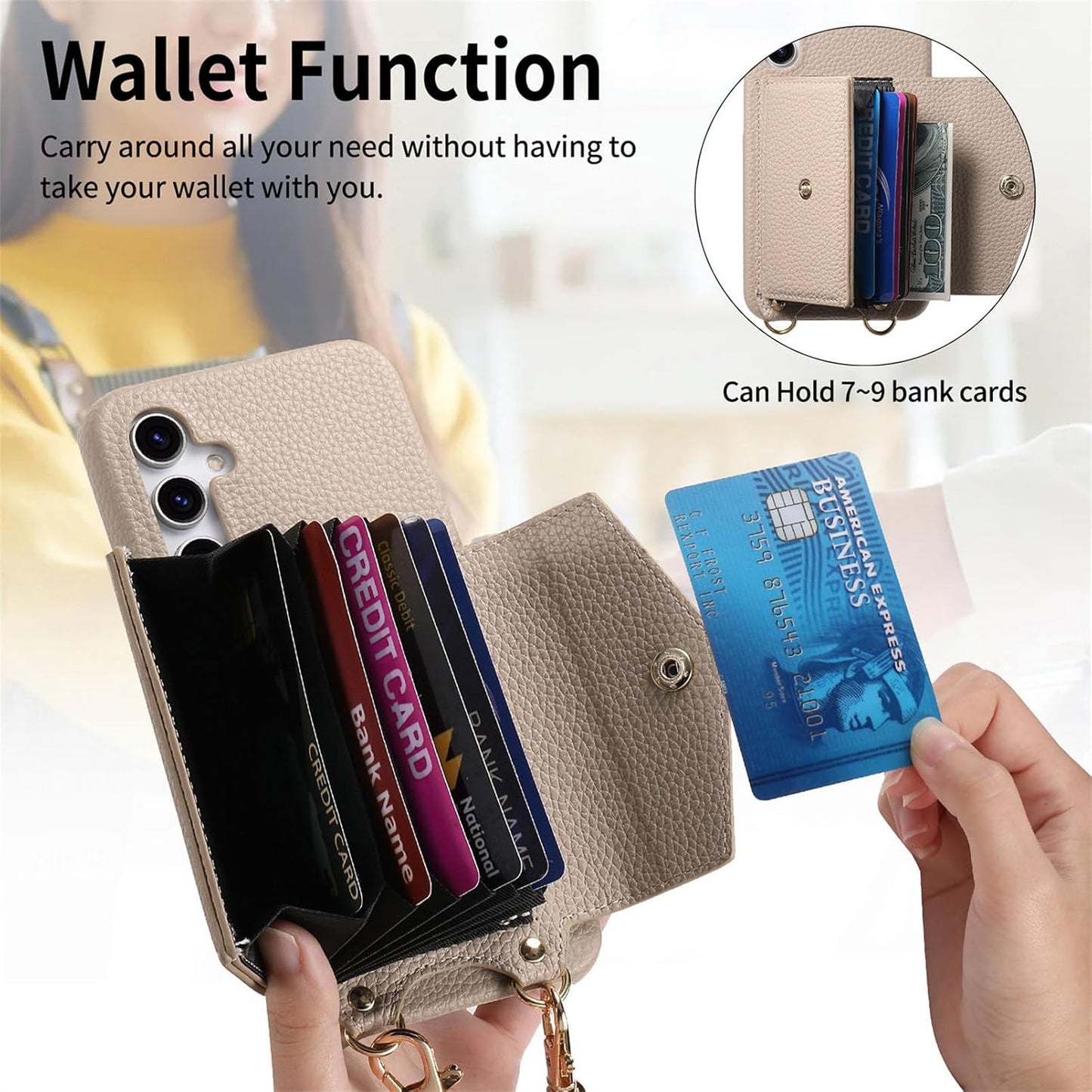 iTape Card Holder Wallet Phone Case for Samsung Galaxy A54 5G, Shockproof Ultra-thin Phone Case, Makeup Mirror with Crossbody Strap Brown