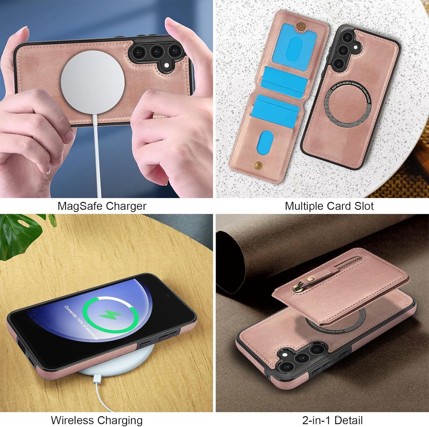 iTape Magnetic card holder phone case suitable for Samsung Galaxy S25+, zipper magnetic split magnetic wallet with adjustable bracket Pink