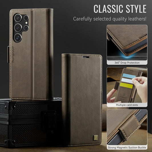 iTape Soft leather wallet case for Samsung Galaxy S24 Ultra, RFID (anti-theft), wallet card slot flip cover stand for Samsung Galaxy S24 Ultra Support wireless charging Brown