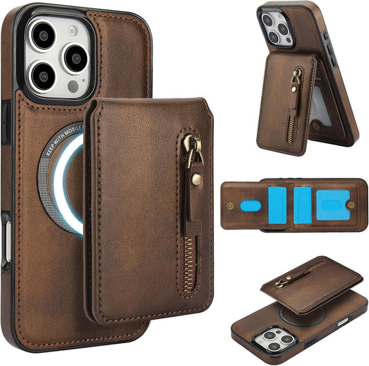 Magnetic card holder phone case suitable for iPhone 16 Pro, zipper magnetic split magnetic wallet with adjustable bracket Brown