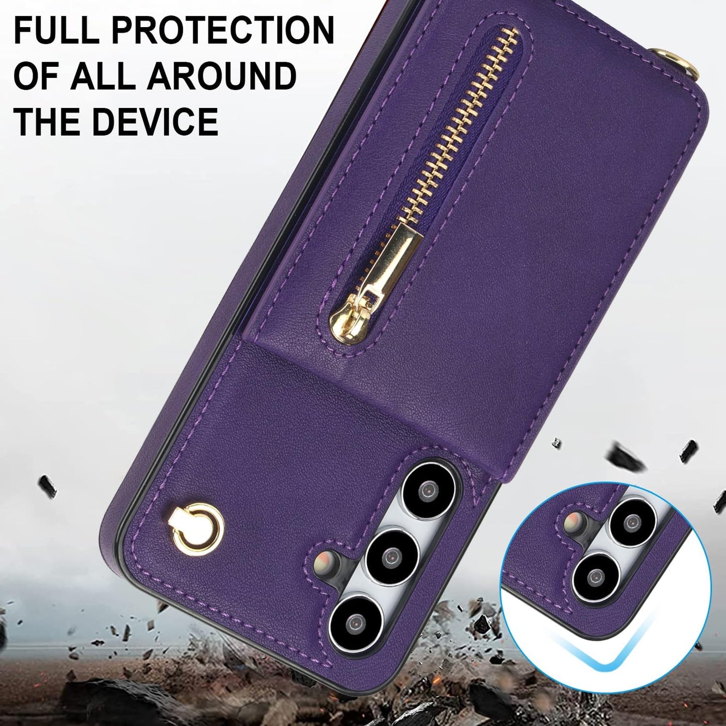 iTape Samsung Galaxy S24 plus Case Wallet, Zipper Coin Pouch, Credit Card Slot Holder, Wrist Strap, Samsung Galaxy S24 plus Case Adjustable Crossbody Lanyard [RFID Blocked] Purple