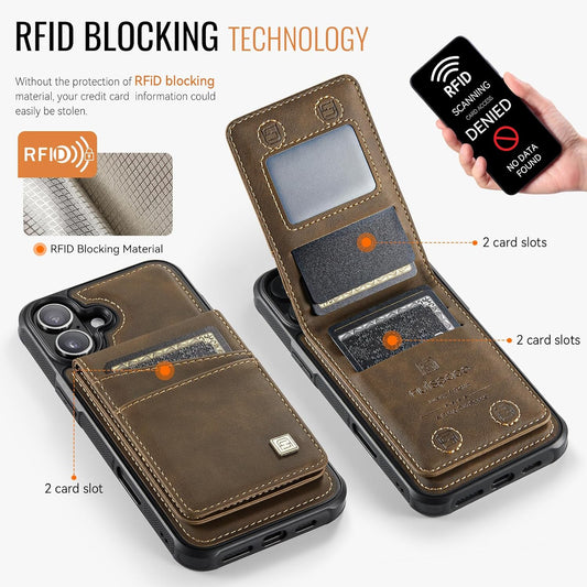 Up and down card holder mobile phone case suitable for iPhone 16 Plus, RFID (anti-theft), supports car magnetic suction function, card slot wallet holder Brown