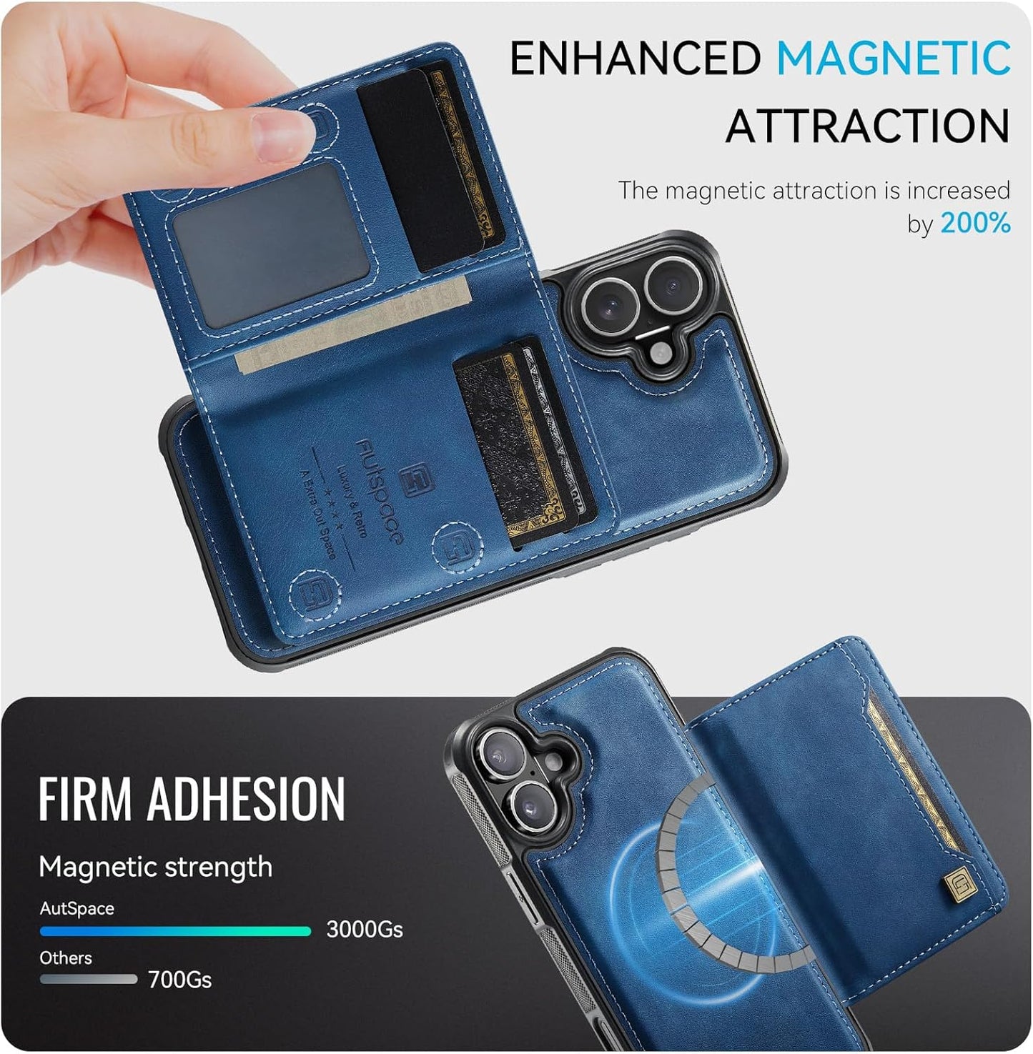 Double magnetic card holder mobile phone case for iPhone 16, RFID (anti-theft), supports car magnetic suction function + multi-directional bracket Blue