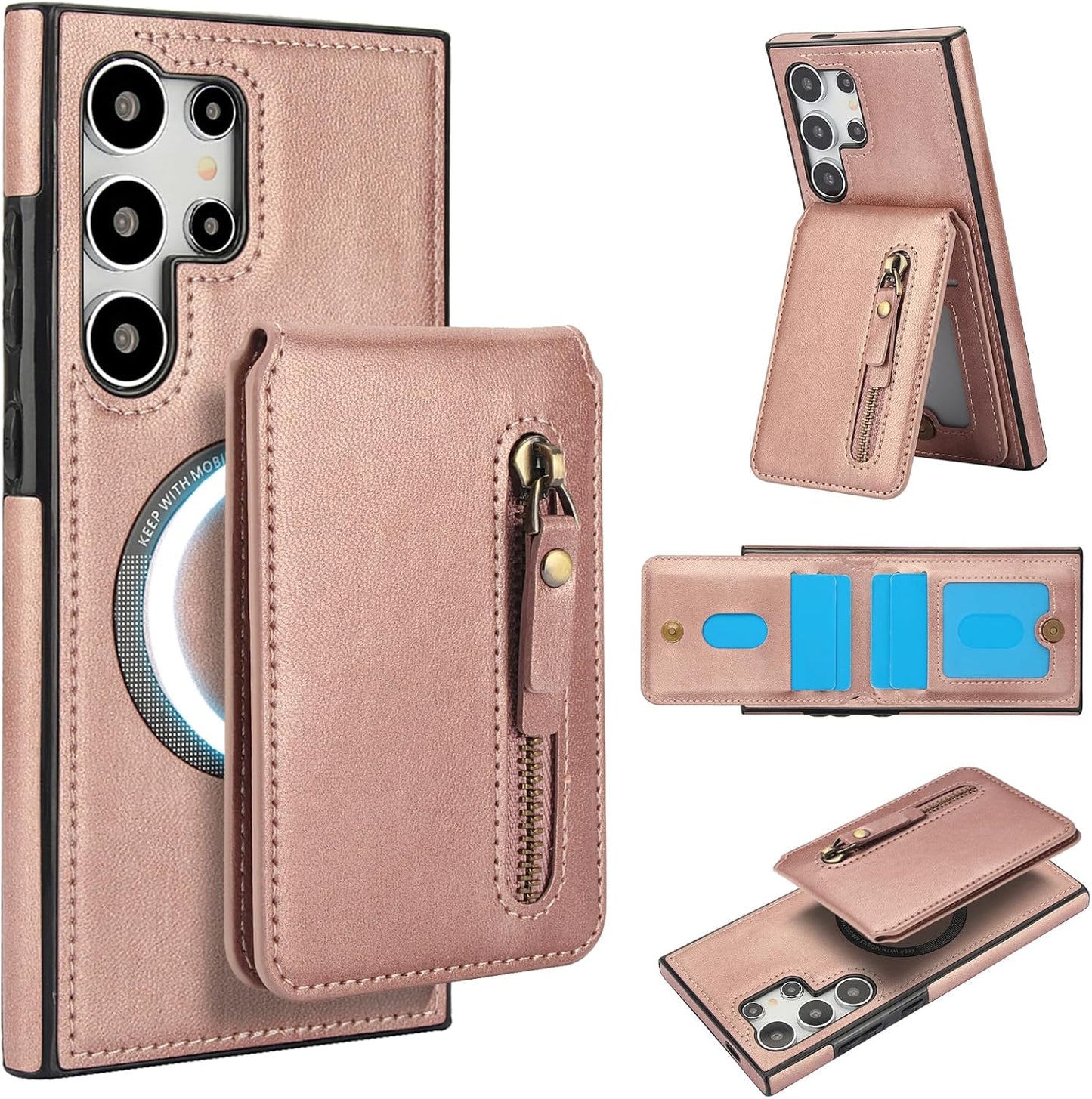 iTape Magnetic Card Holder Phone case Suitable for Samsung Galaxy S24 Ultra, Zipper Magnetic Split Magnetic Wallet with Adjustable Bracket